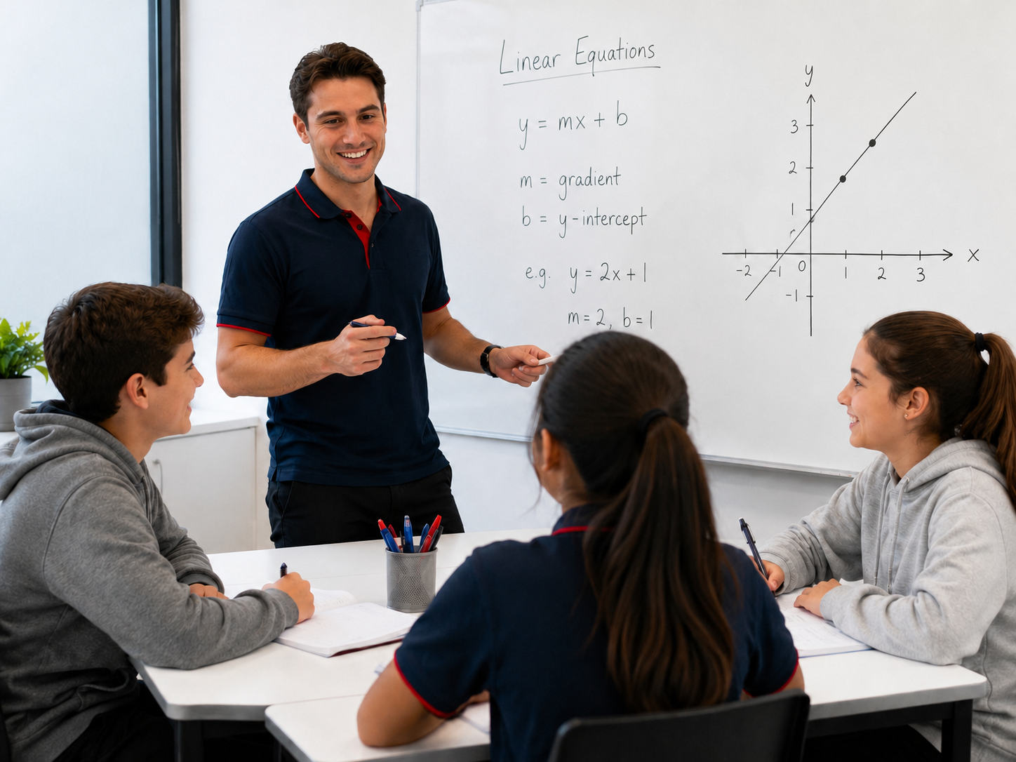 Maths tutor teaching a small group near a whiteboard