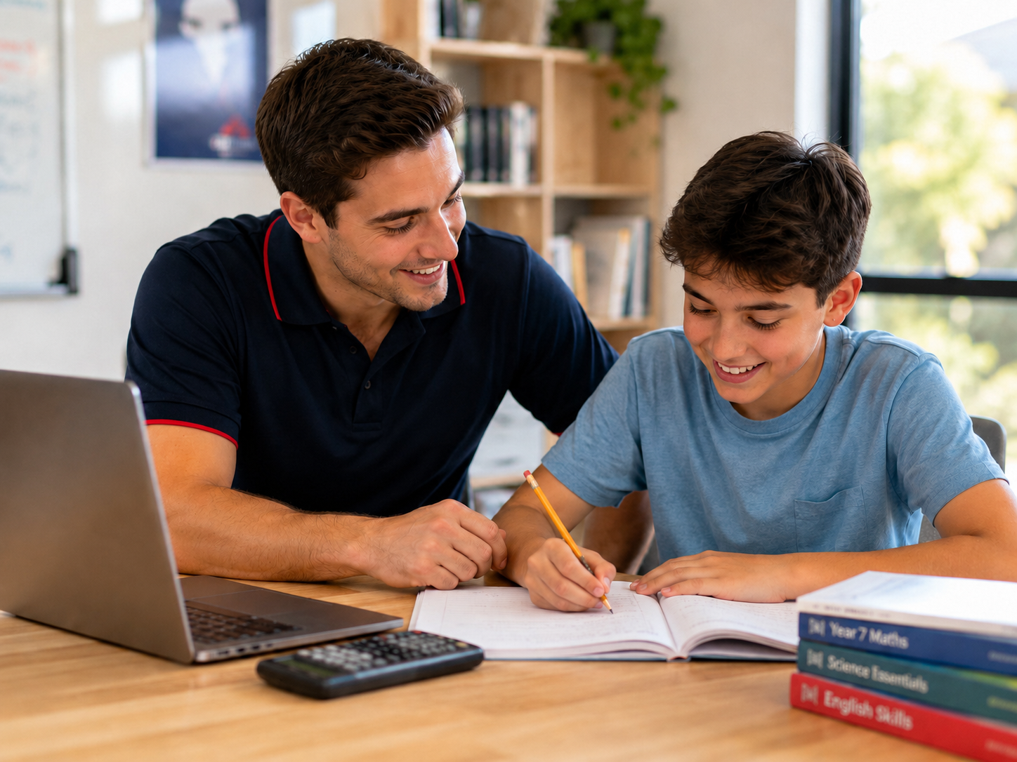 Tutor helping a student write in a maths workbook